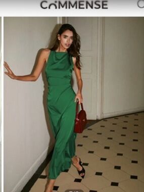 Commense Green Satin Halter Maxi Dress